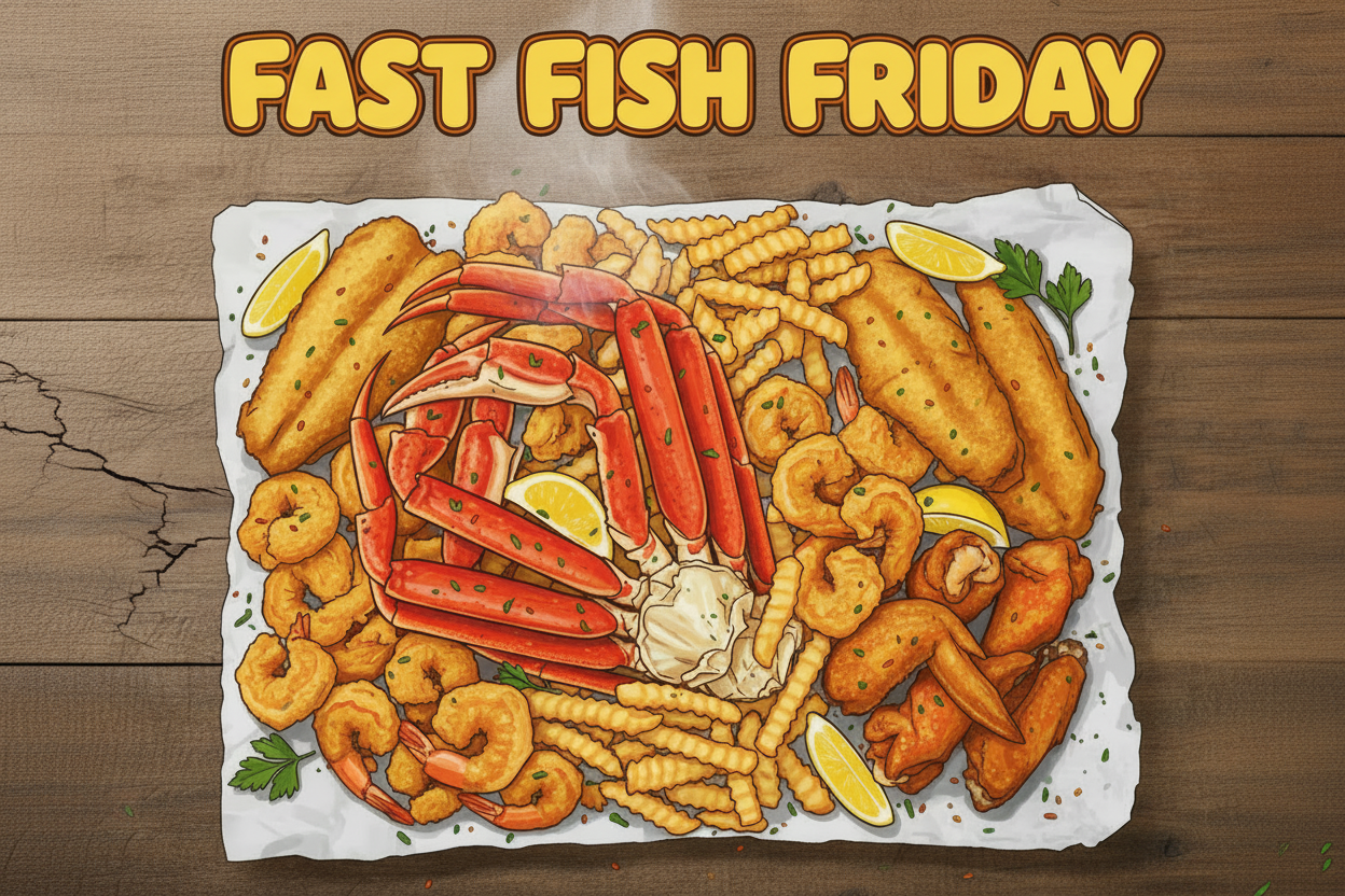 Fast Fish Friday Plate- Golden Catch Trio, Ocean Lover's Combo, Shrimp Soirée (10 Pc), Crab Boil